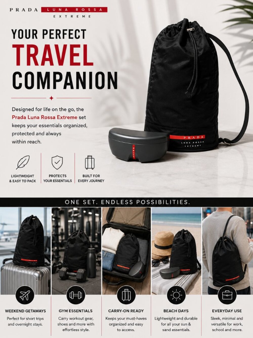Prada Luna Rossa Extreme Travel Drawstring Backpack & Hard Case Set Black Red - Picture 2 of 7
